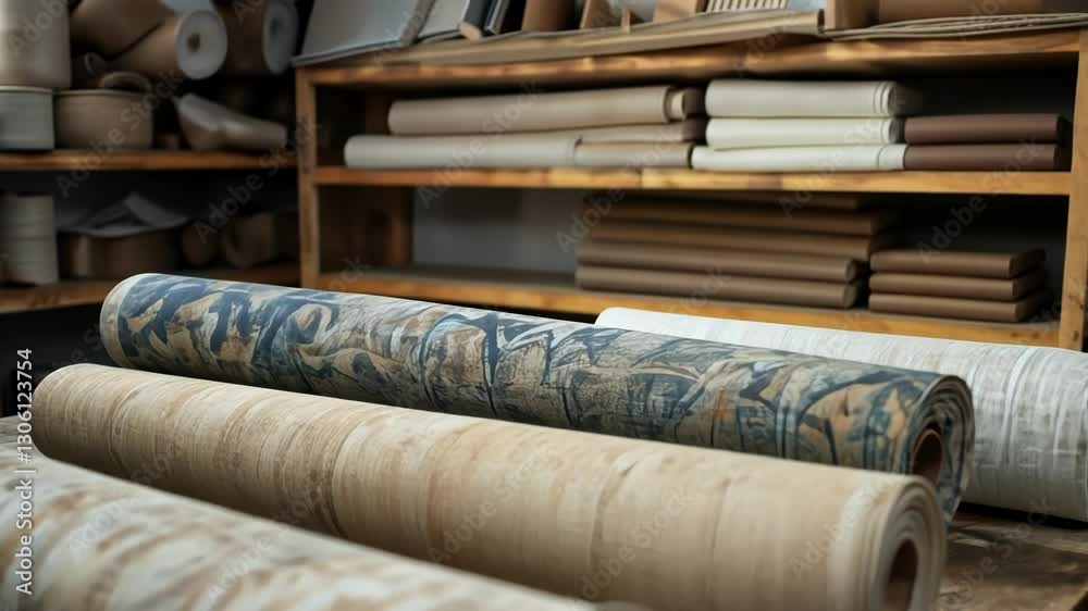 Colorful wallpaper rolls displayed in a creative workspace.