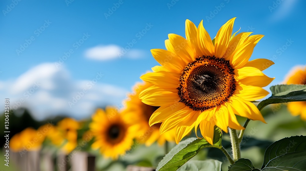 Obraz premium Vibrant Yellow Sunflowers in a Field Under a Bright Blue Sky