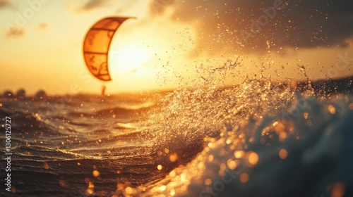 Kitesurfer Silhouette at Sunset, Ocean Water Splashing, Golden Light