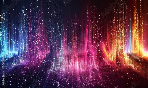 Abstract digital illustration of a vibrant, multi-colored data stream with lights and particles.