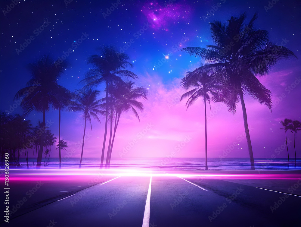 Neon Palm Tree Lined Road Digital Art Illustration At Beach Night