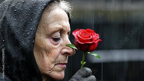 A somber widow in a black veil places a red rose on a casket, with rain pouring down at a heartfelt funeral scene.