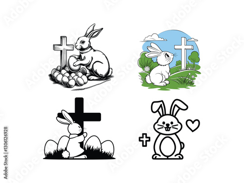 Easter Bunny with Cross Line Art | Christian Rabbit Illustration | Religious Clipart 