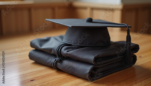 Traditional black graduation attire elegantly arranged on wooden table