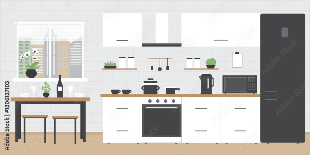 Fototapeta premium Fashionable kitchen interior with various furniture and electronic gadgets. Brick wall on background. Kitchen room, part of home