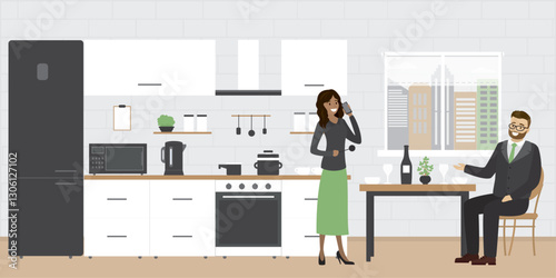 Multi ethnic couple in kitchen interior with various furniture and electronic gadgets. Brick wall on background. Dating at home, people talking on kitchen room, family.