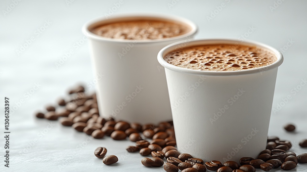 Obraz premium Warm inviting coffee cups rest gently near roasted beans. AI Generated