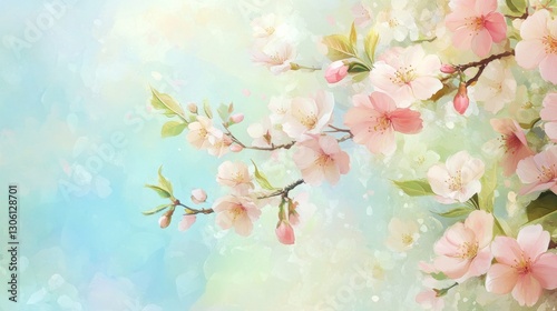 Background wallpaper featuring delicate cherry blossoms, soft pastels, gentle breeze