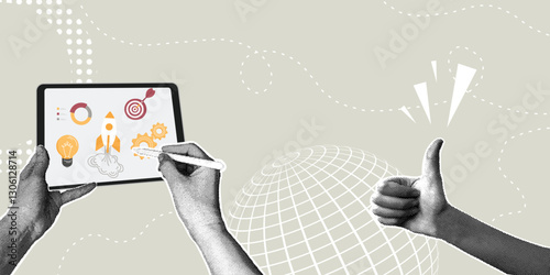 Trendy halftone collage. Strategic Business Planning. Product launch planning concept,teamwork,teamwork,plan development,ideas,data analysis for successful development.