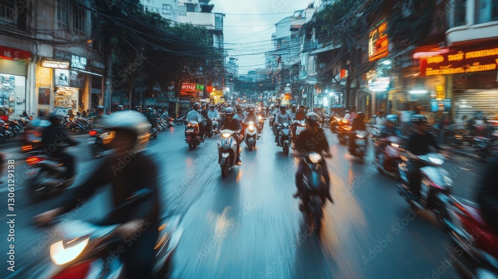 Fototapeta premium Bustling streets of Hanoi captured in motion, with motorbikes and pedestrians
