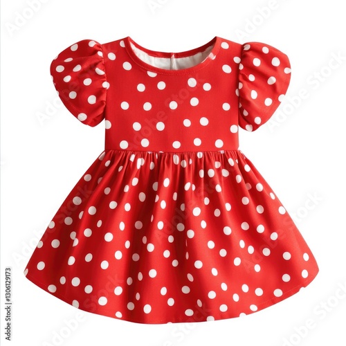 A red polka dot dress with white dots, puffy sleeves, and a round neckline for girls' children's on an isolated background.