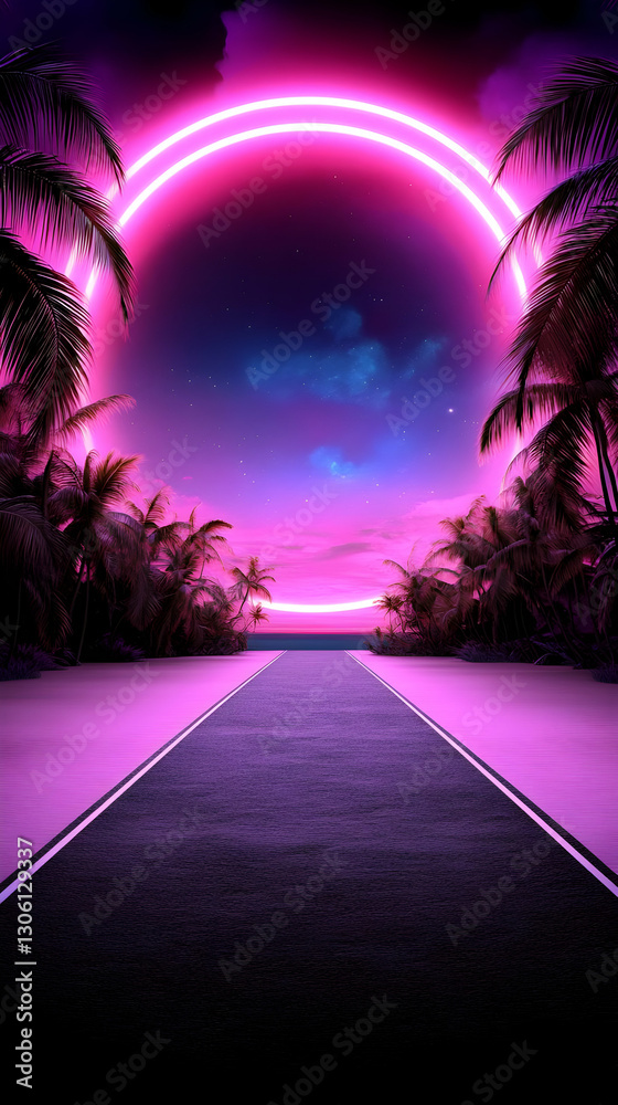 Naklejka premium Pink Neon Circle On Dark Sky Road To Tropical Illustration Background