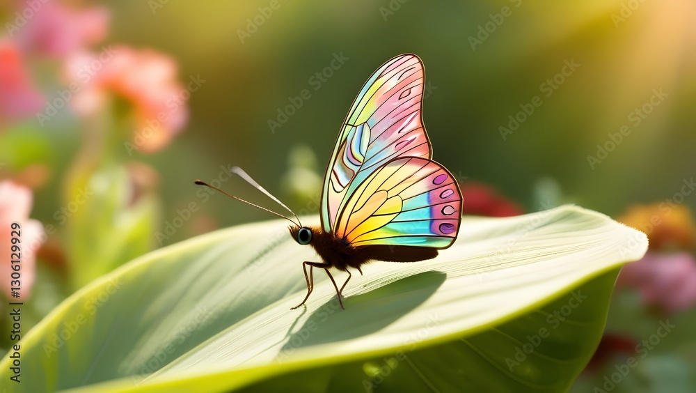 Fototapeta premium A delicate, intricately patterned butterfly with iridescent wings showcasing a mesmerizing dance of blues, greens, and yellows against a soft, creamy white background, its slender body and feathery an