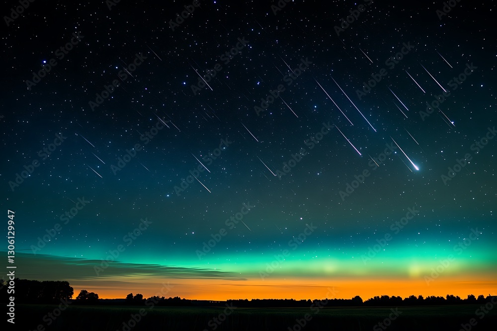 Fototapeta premium Night sky with meteor shower over horizon.