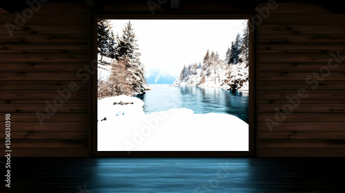 Pixelated Winter Lake Scene View Through Wooden Cabin Window