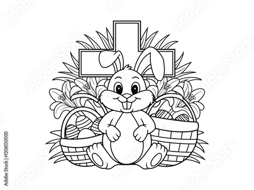 Easter Bunny with Cross Line Art | Christian Rabbit Illustration | Religious Clipart 