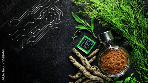 Ashwagandha Roots  Powder   AI Chip  Wellness Tech Image