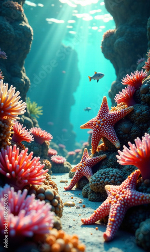 A vibrant underwater scene showcasing a kaleidoscope of benthic animals, including colorful corals, intricate sea stars, and gracefully swaying anemones, illuminated by beams of sunlight filtering thr