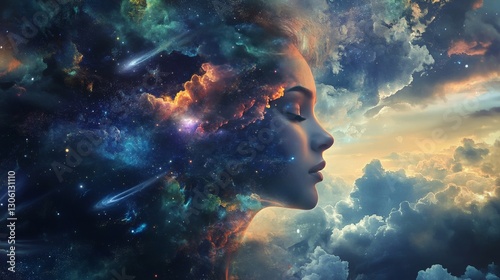 Abstract art illustration of woman with galaxy inside her mind.