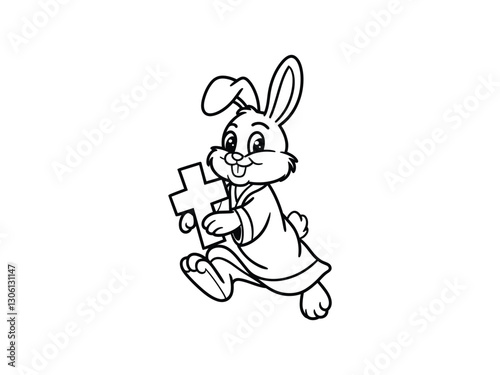 Easter Bunny with Cross Line Art | Christian Rabbit Illustration | Religious Clipart 