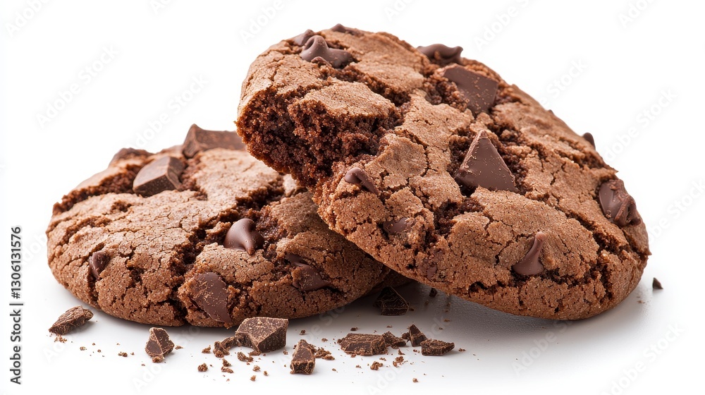 Fototapeta premium Indulge in Decadence A Close-Up of Mouthwatering Chocolate Chip Cookies on a Pristine White Background, Showcasing the Rich, Dark Chocolate Chunks and Perfectly Imperfect Cracks, Evoking Feelings of