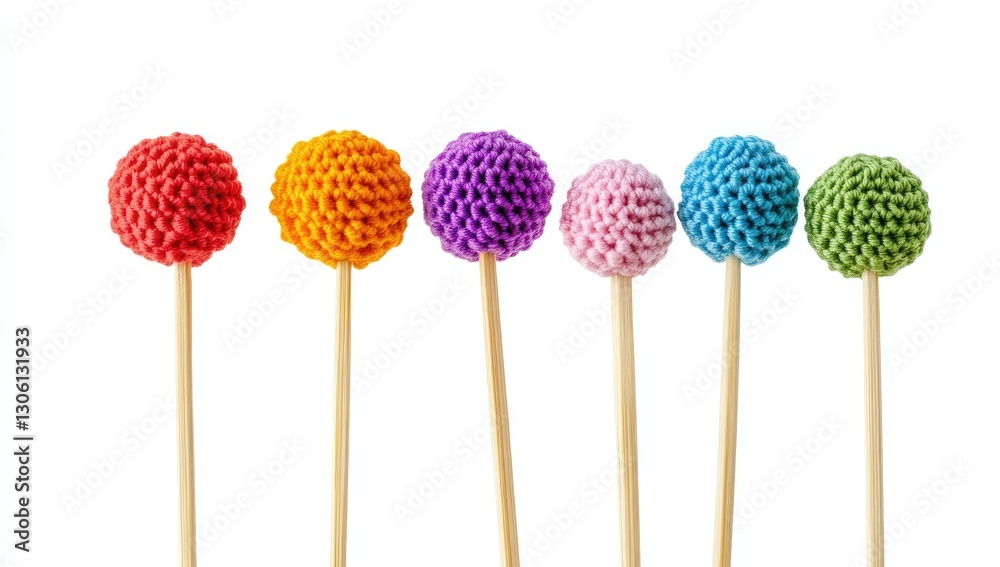 A set of colorful wooden toothpicks with round knitted balls on the top, arranged against an isolated white background, A set of colorful wooden toothpicks with round knitted balls on the top, arranged against an isolated white background,