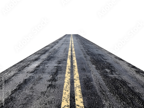 long, isolated road stretches into distance, featuring textured surface with yellow lane isolated on transparent background