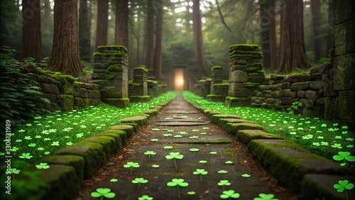 Enchanted St. Patrick’s Day Forest Path with Glowing Shamrocks photo