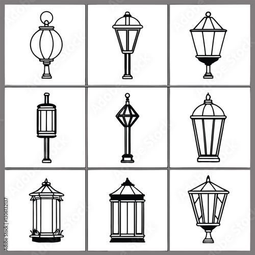 Stylish Pendant, Table, and Wall Lamps Line Art Illustration