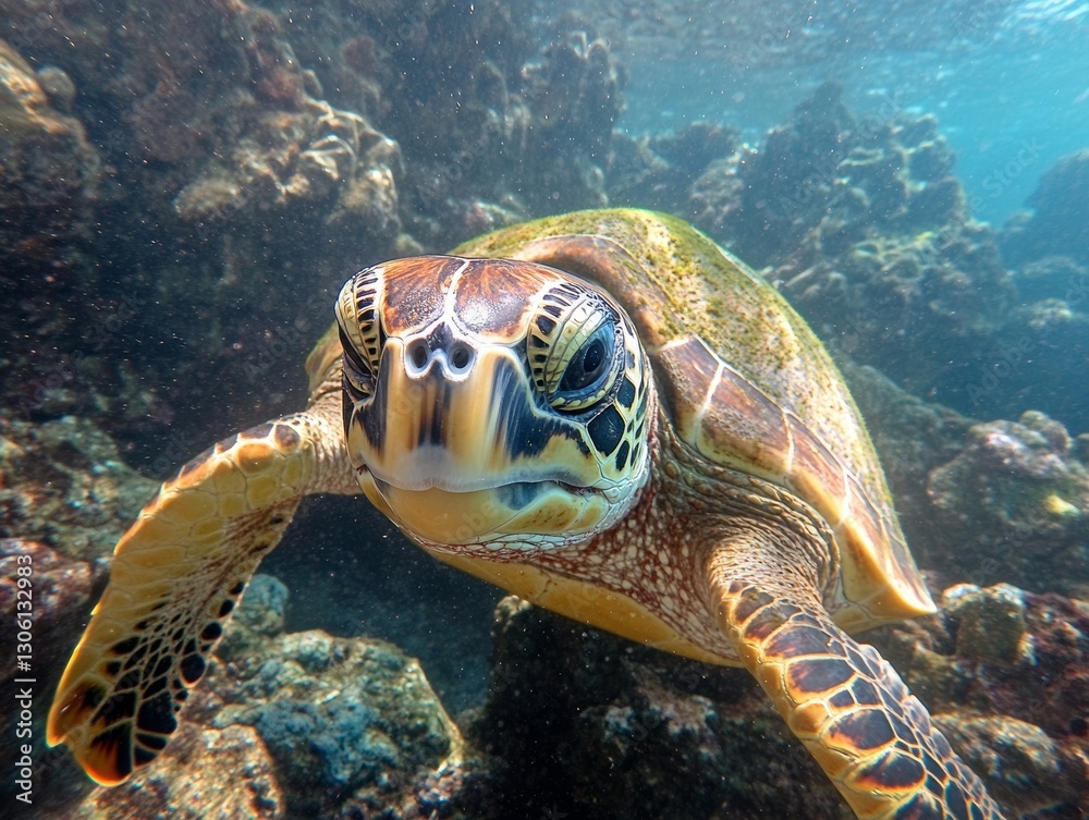 Obraz premium Green sea turtle swimming underwater - ai
