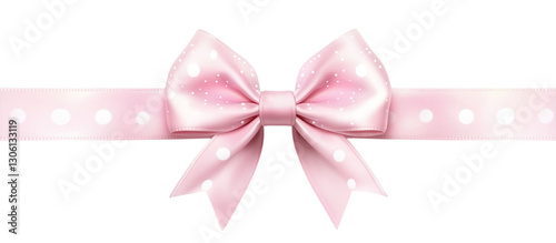 Pink bow with white dots, ribbon for gift box, on transparent background