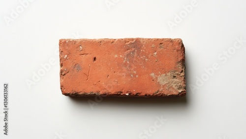 A single red brick on a white background, viewed from above. The brick is flat and rectangular in shape, with visible nail holes along its length and width.