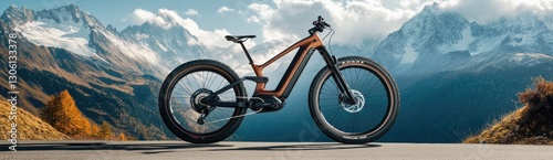 A sleek electric mountain bike with flat tires is displayed on the side of an alpine road, set against a backdrop of snow-capped mountains.