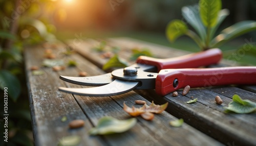 Garden pruning shears resting on a wooden table surrounded by fallen leaves and seeds in sunlight