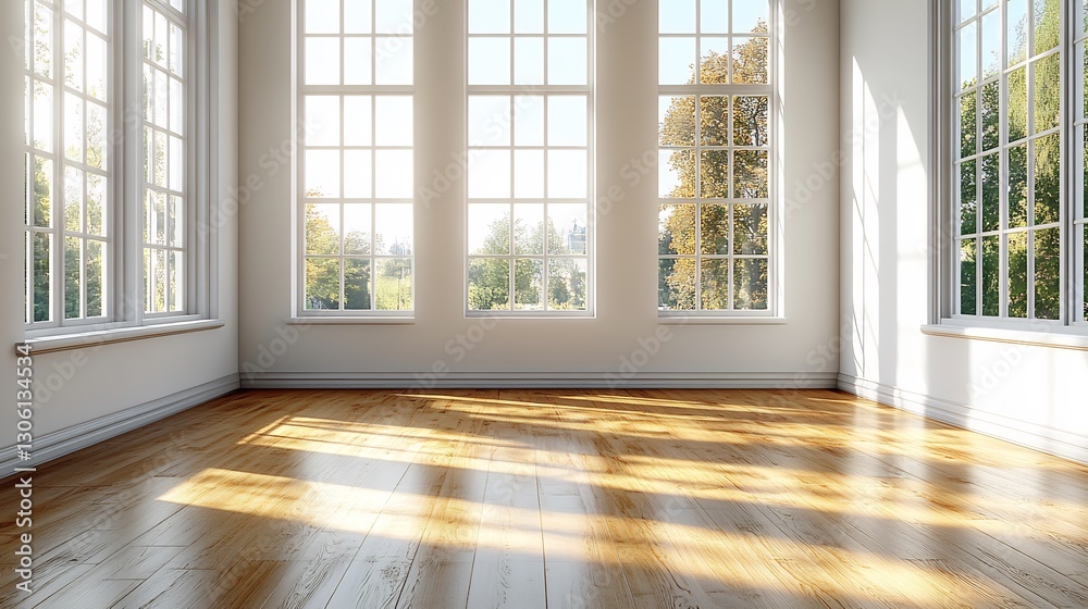 Fototapeta premium Bright Sunlight Streams Through Large Windows Illuminating Empty Room Hardwood Floor. AI Generated