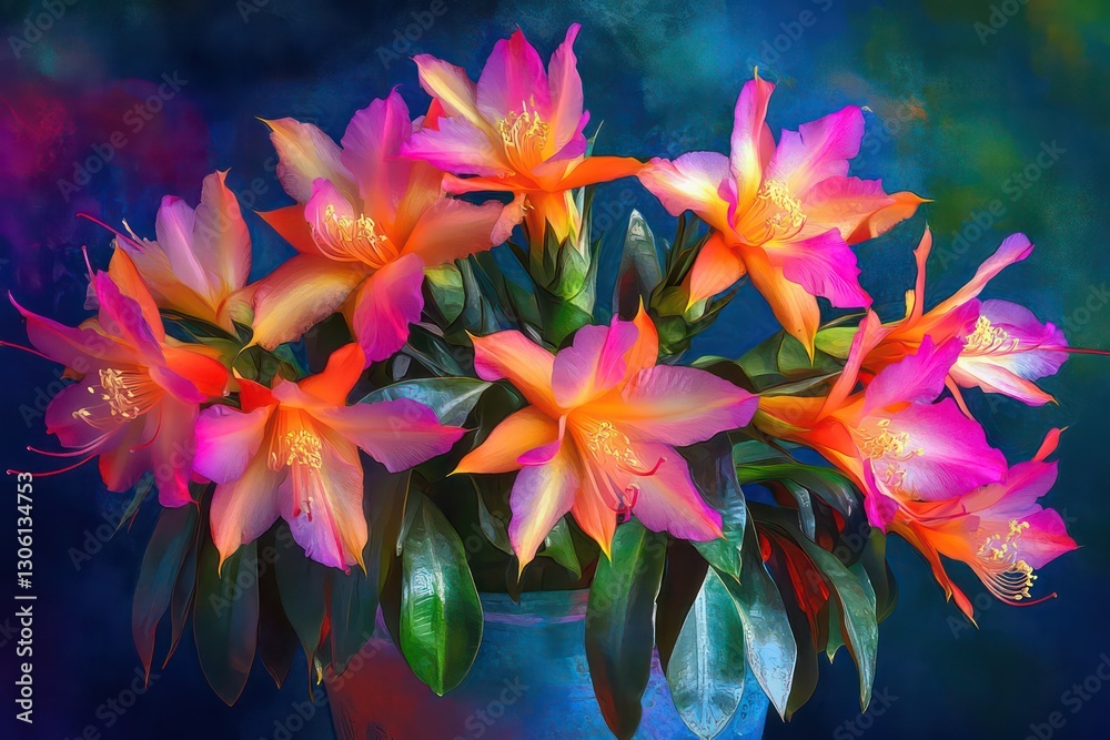 Fototapeta premium A vibrant and colorful image of Schlumbergera flowers in a pot, capturing the beauty of the blooms and their delicate petals.