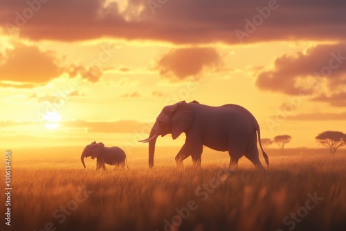 African Sunset  A Mother Elephant and Calf Stroll Across the Golden Savanna