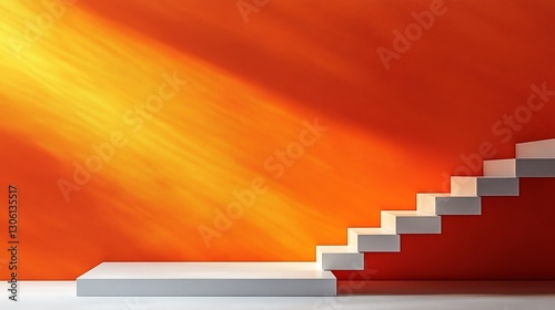 White stairs ascend against vibrant orange wall bathed in warm sunlight. AI Generated