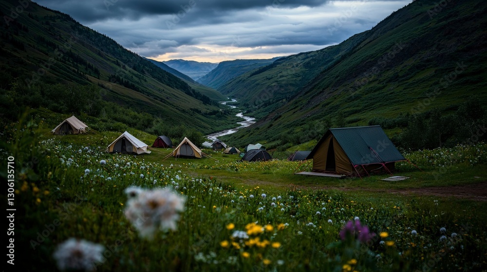 Fototapeta premium Serene camping retreat amidst lush valleys majestic river view scenic landscape tranquil evening vibes