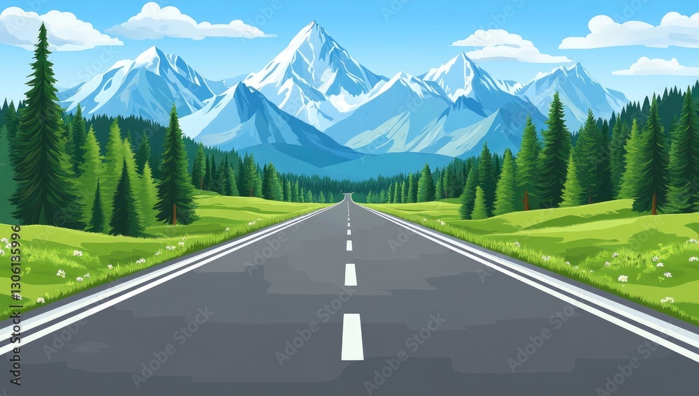 Fototapeta premium A straight road leads to the mountains, lined with green trees on both sides. The asphalt surface is smooth and clean. In front of you, you can see distant peaks covered in dense forests.