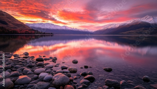 A stunning landscape photograph of the mountains and lake in New Zealand, reflecting the red sky at sunset.