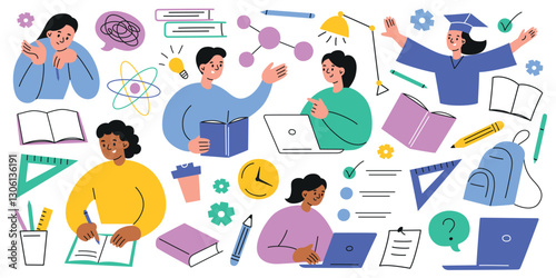 Vector illustration set of education and school items. Books doodles, students learning, writing, studying, teamwork flat composition with cartoon characters, graduation concept, academic subject icon