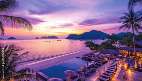 A stunning sunset over the beach at an elegant resort in Thailand, with loungers and umbrellas set up along its length.