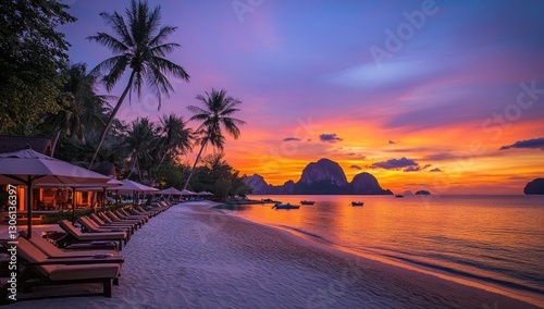 A stunning sunset over the beach at an elegant resort in Thailand, with loungers and umbrellas set up along its length.