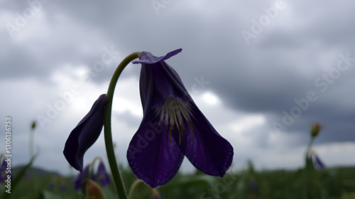 A purple flower drooping sadly under dark clouds petals wilted and distressed