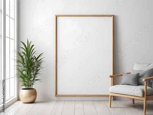 Minimalist vertical white  poster or photo frame mockup on wood table with books and vase in a room. 3D Rendering photo