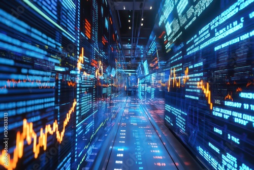 A vibrant stock exchange environment with moving graphs  financial tickers  and interactive market data.