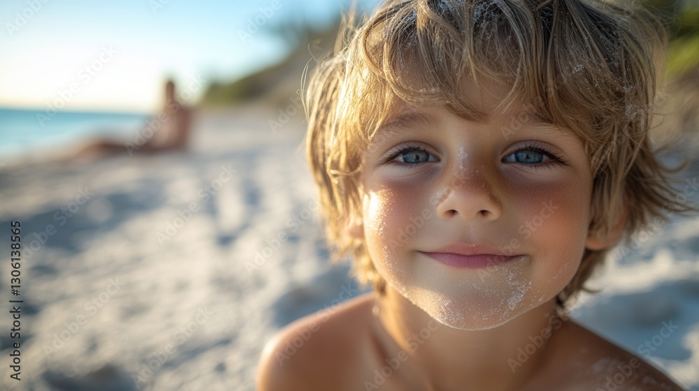 Caucasian child with blonde hair and bright smile enjoying sunny day at beach with ocean background Caucasian child with blonde hair and bright smile enjoying sunny day at beach with ocean background
