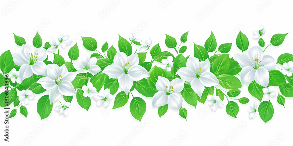White Flowers And Green Leaves Border Illustration Isolated On White White Flowers And Green Leaves Border Illustration Isolated On White