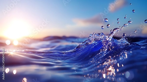 Fototapeta Naklejka Na Ścianę i Meble -  Ocean Wave Splash at Sunset: Blue Water Texture Background